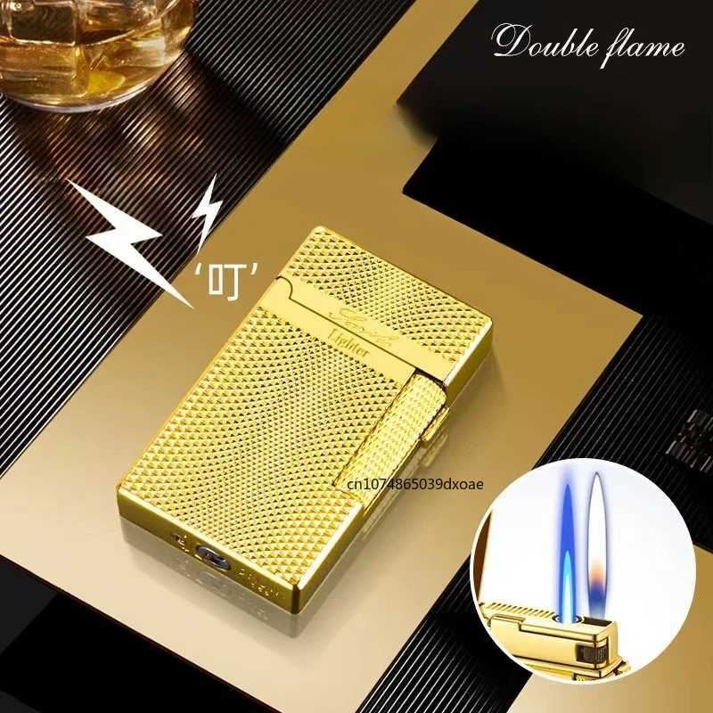 Dual Flame Switch Butane Gas Lighter Exquisite Volcanic Crater Texture Metal Side Slide Ignition High-end Gift for Men N260311