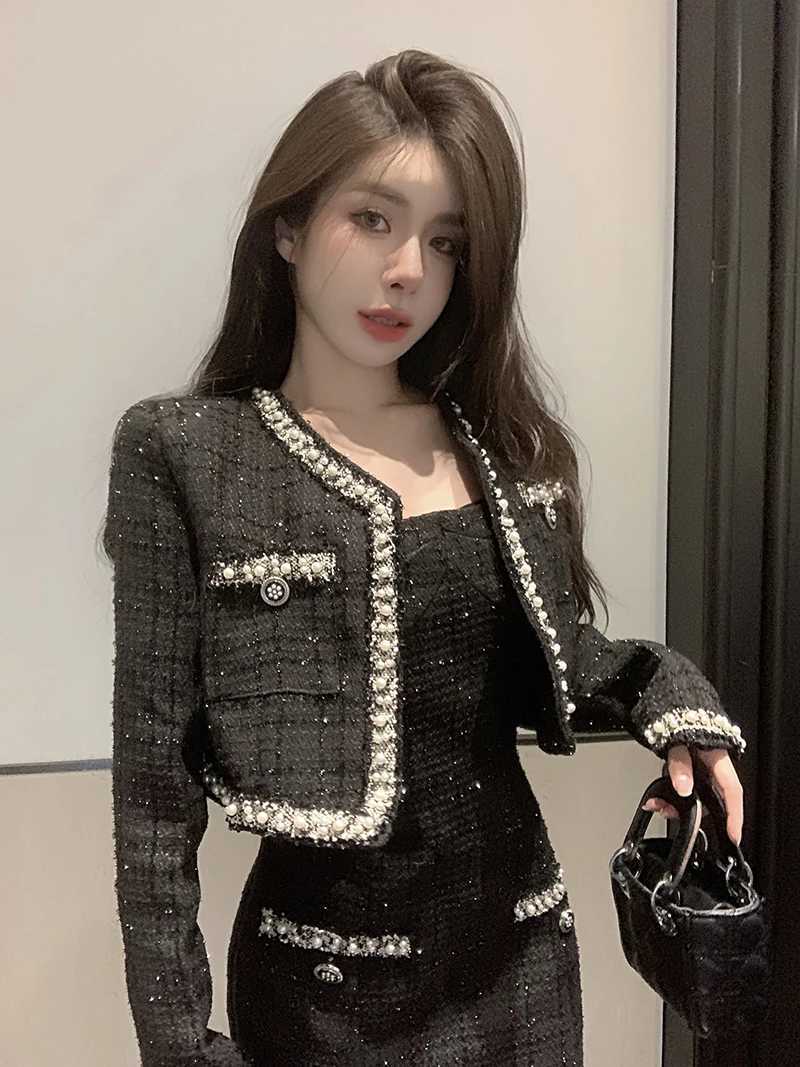 Autumn Small Fragrance Women 2 Piece Set Beaded Tweed Short Jacket Coat Bodycon Mini Dress Elegant Fashion Party Dress SuitT260311 - view 4