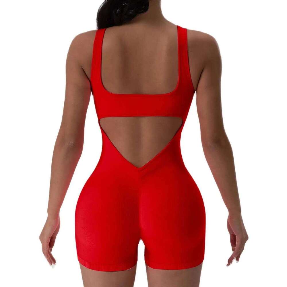 1PCS less Yoga Suit U Neck Sleeveless Sports Jumpsuit Solid Colour Threaded Stretch Women Bodysuit Without Bust Pads 26H0311