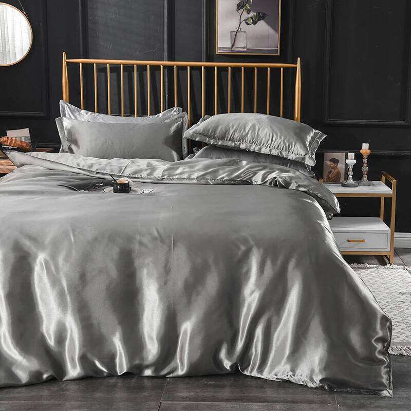 Solid Silk Bedding Set with Bed Sheet Duvet Cover Pillowcase Satin Single Couple Bedsheet King Queen Double Twin Size H260311 - view 3