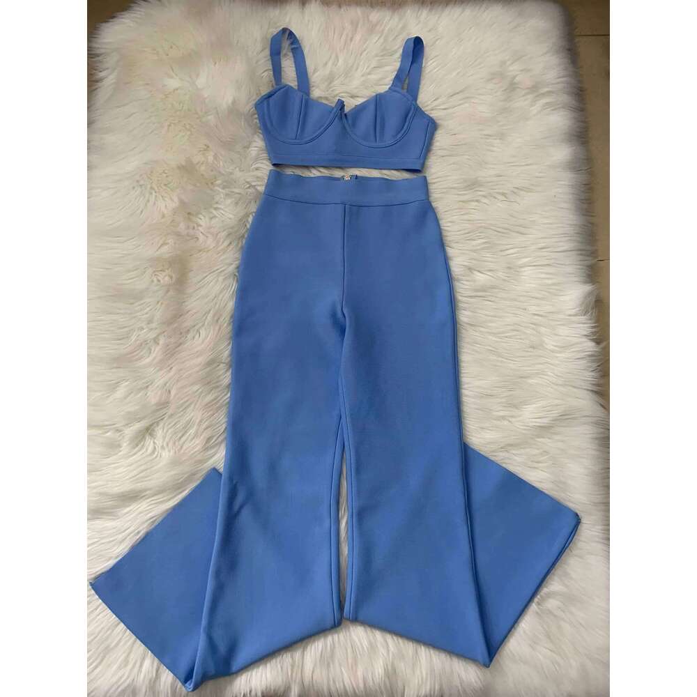 Women New Arrival Sexy Low Cut Strap Bra Top High Waist Flare Pants Two Piece Bandage Set Elgant Fashion Party Wear Vintage MAKOUFEI