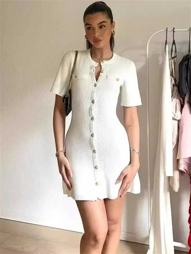 Trendix Elegant Knit Mini Dress Women Street Slim High Waist Short Sleeve Rib Sweater Dresses Vacation Bodycon Knitwear Dress M260311