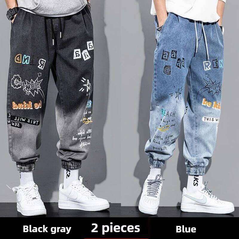 Korean Baggy Jeans Men 2024, Spray Paint Tapered with Cuffed Hem, Hip Hop Street Style Jogger Pants for College Students Z260225