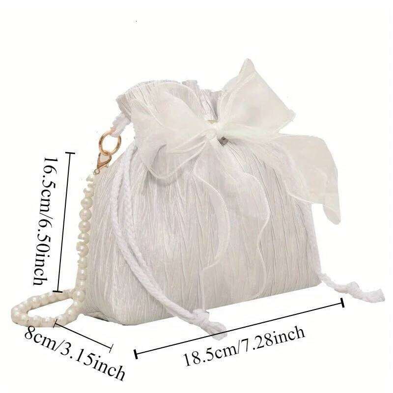 Chic Bowknot Canvas Crossbody Bag with Faux Pearl Chain - Versatile & Stylish Bucket Shoulder Purse for Women XJ260311