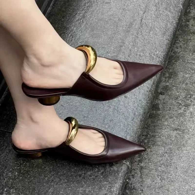 Punk Gothic Metal Low Heels Sandals Women 2025 New Pointed Toe Thick Heeled Summer Slippers Woman Platform Muller Shoes K260311