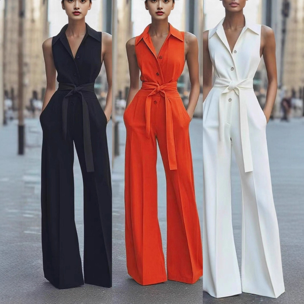 2025 Womens Fashion Shirt Collar Solid Color Wide-Leg Commuting Office Jumpsuit 251001