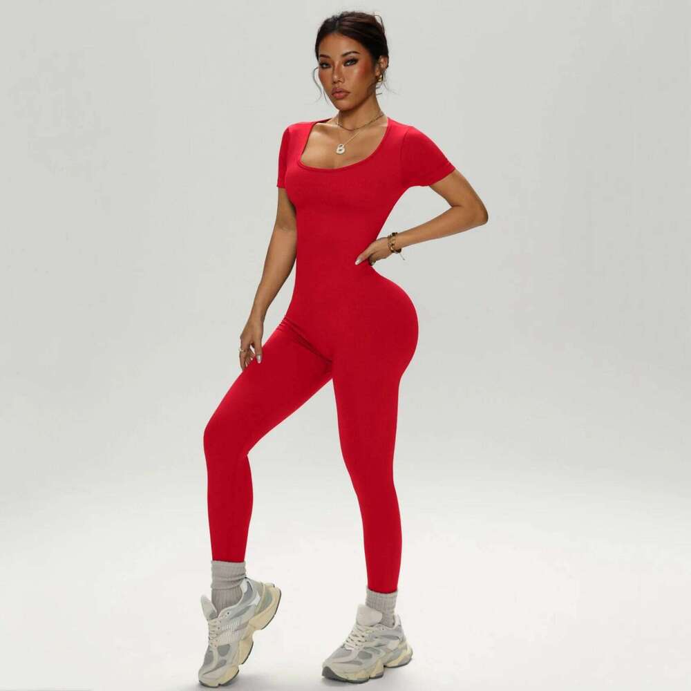 Women Seamless Jumpsuit Highly Elastic Thick Ribbed Bodycon One Piece Square Neck Leggings Romper Yoga Workout Set 26H0311