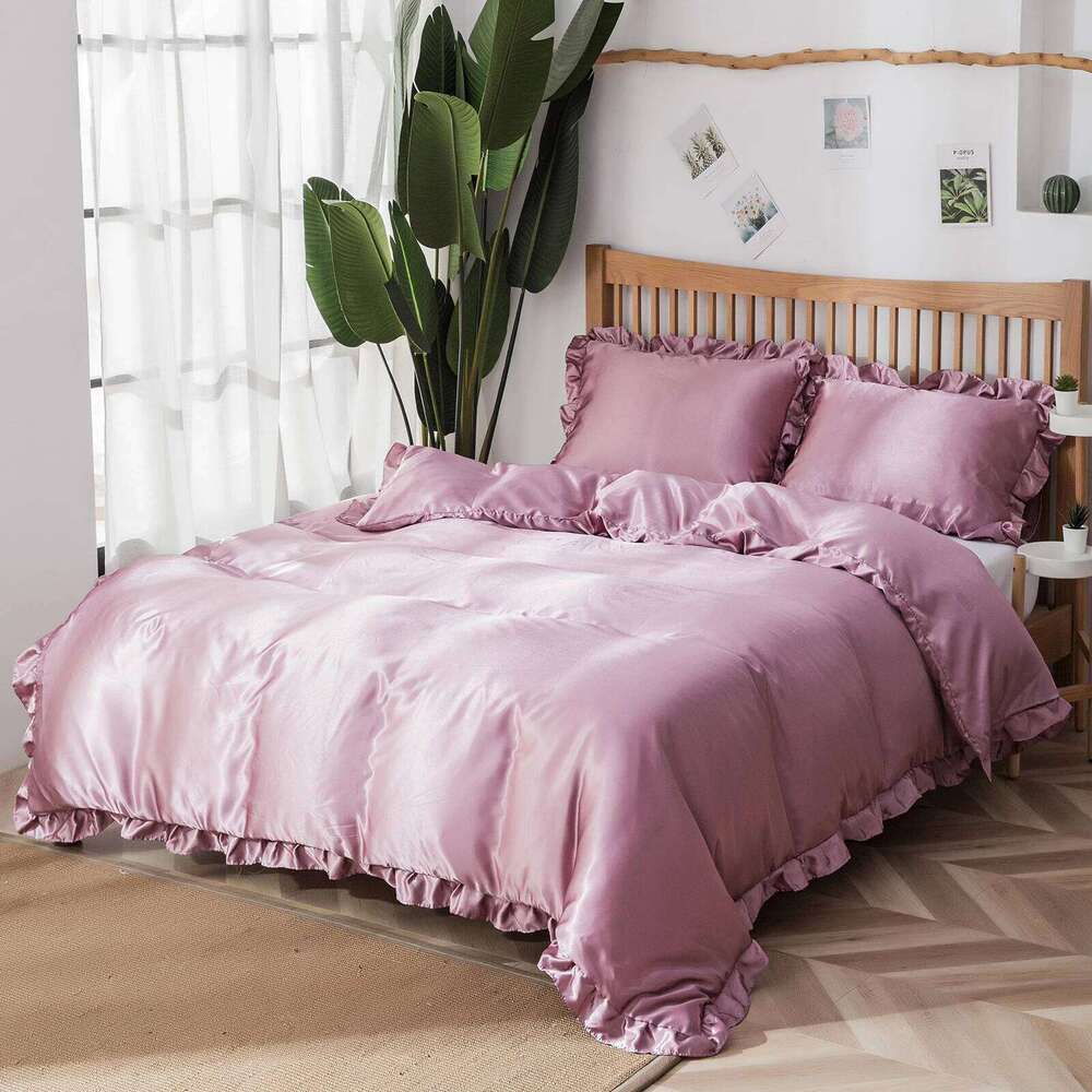 3PCS Satin Duvet Set Silk Rose red And Pink Bedding Comforter Cover Ruffle Pattern Silky Bed set Soft H260311