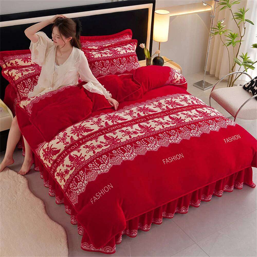 Class A Milk Four-Piece Set Light Ethnic Style Winter Warm Fleece Anti-static Duvet Cover Bed Sheet Bedding Sets H260311