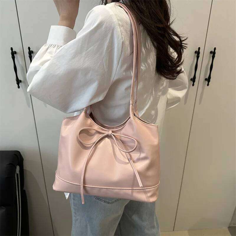 Sweet Bow Women Commuter Shoulder Bags Candy Color Large Capacity Ladies Handbags Simple Pu Leather Female Bucket Tote Bag XJ260311
