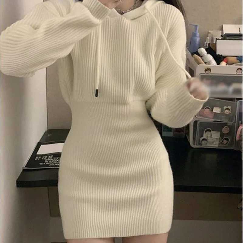 Sexy White Thicken Knit Mini Dress Woman Korean Elastic High Waist Bandage Dresses Women Hooded Outwear Long Sleeve Slim Dress a08 M260311
