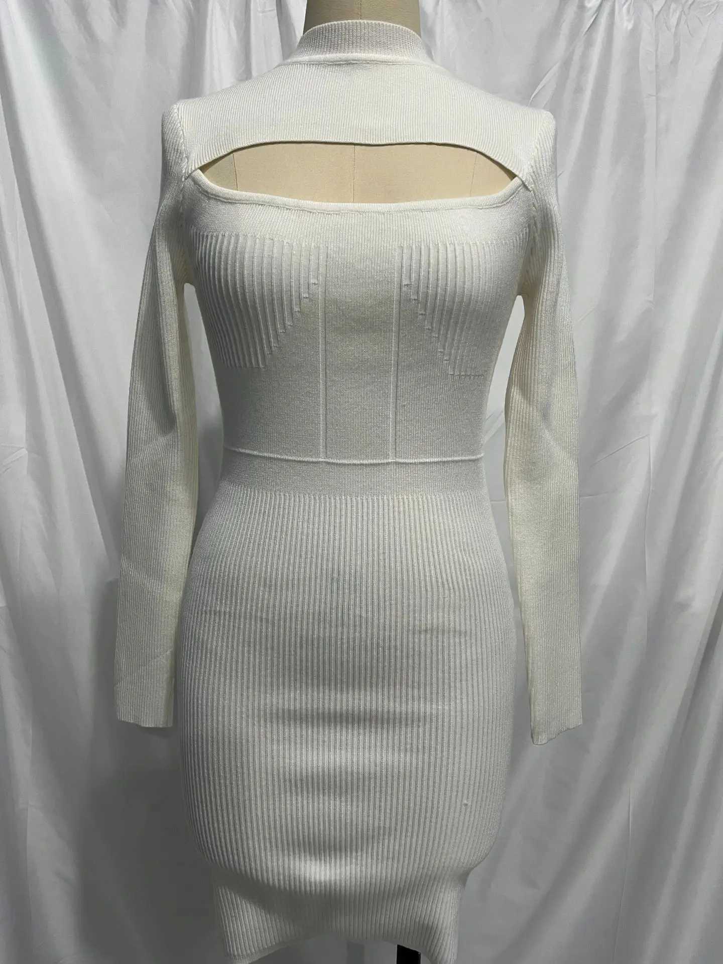 Sexy Knitted Bodycon Short Dresses Women Elegant White Hollow Sweater Dress Autumn Winter Fashion Basic New In Dresses 2025 M260311