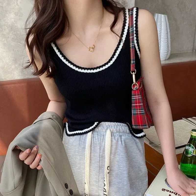 Sleeveless Vest Women's Summer Printed Spliced Round Neck Loose Embroidery Casual Camisole TopsT260311