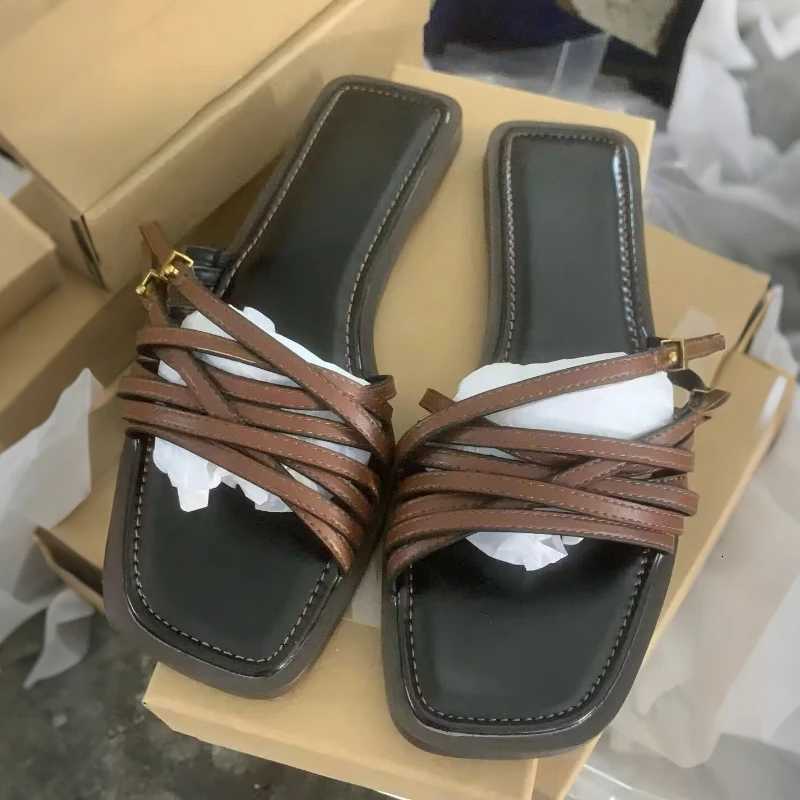 Womens Flat Slides Sandals Vintage Square Toe Leather Strappy Outdoor Casual Shoes for Summer Fashion K260311
