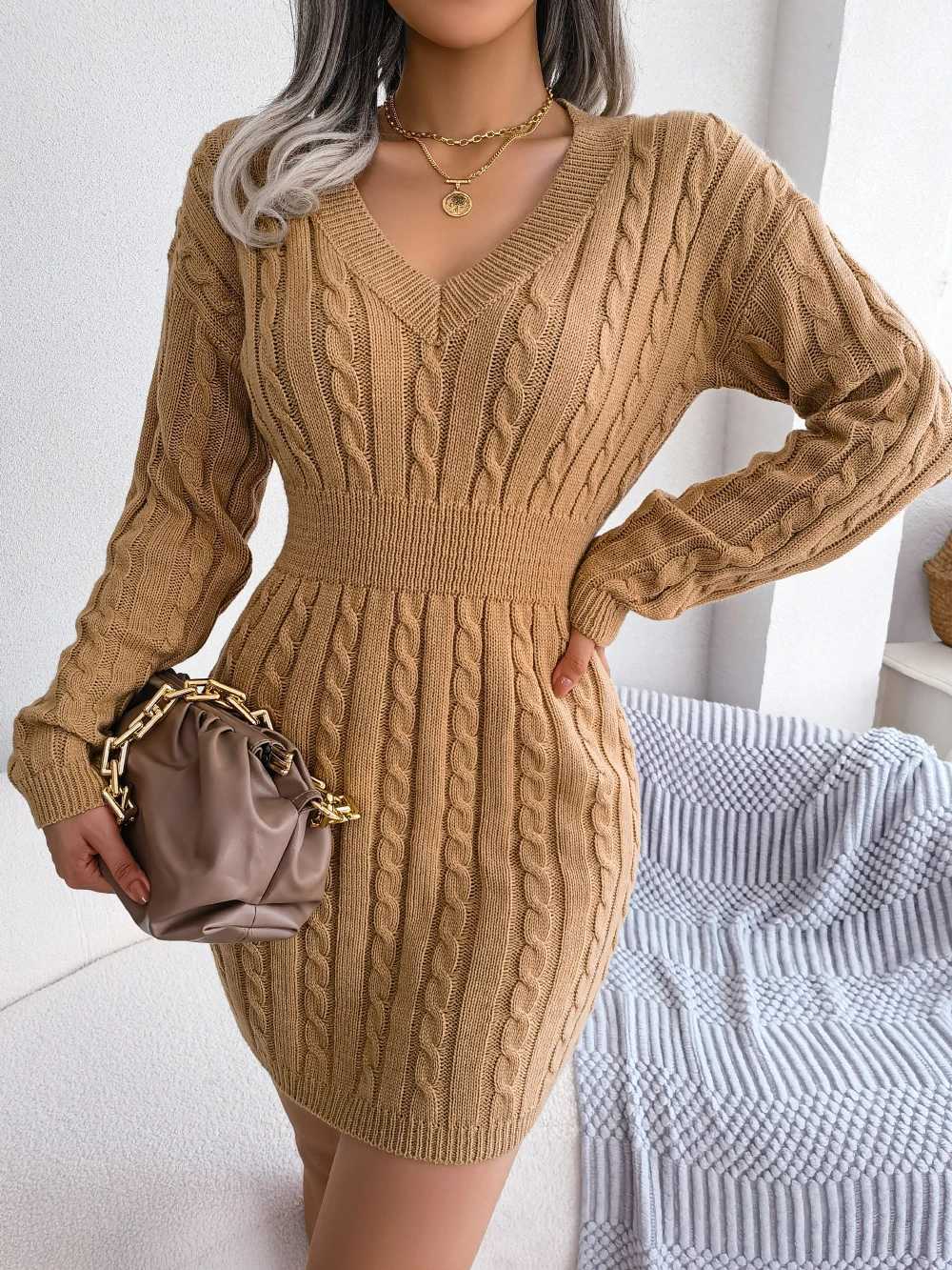 Knitted Sweater Dress for Women 2026 Autumn Winter Elegant Long Sleeve Slim Waist Knitwear White Blue Khaki Woman Clothing M260311
