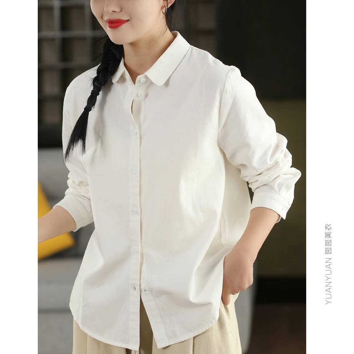 Retro Pure Cotton Long Sve irt Women's Spring Sle Loose Fit Color Casual Top Breathable Comfortable Skin-Friendly
