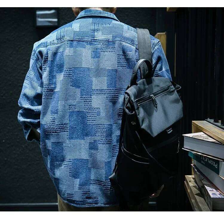 Retro Plaid Long Sleeved Denim For Fashion Loose Cargo Shirt Jacket Coat Y2k Streetwear Korean Trend Men Clothing 26H0311