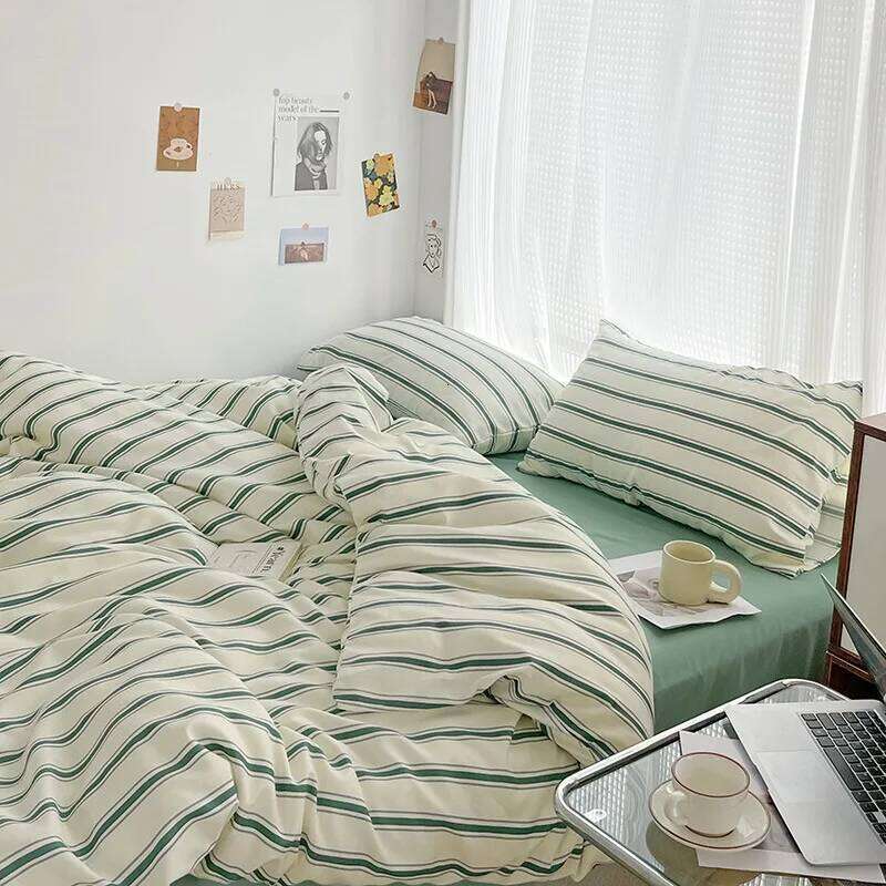 Linen Sheets Blogger Style Line Four-piece Set Girl Heart Fresh Green Bed Sheet Vertical Stripe Quilt Cover 1.5m1.8 H260311
