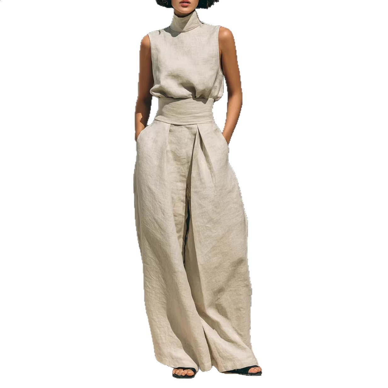 2026 Spring New Solid Color Elegant Womens Simple Cotton-Linen Blend Sleeveless Top and Wide-Leg Pants 250217