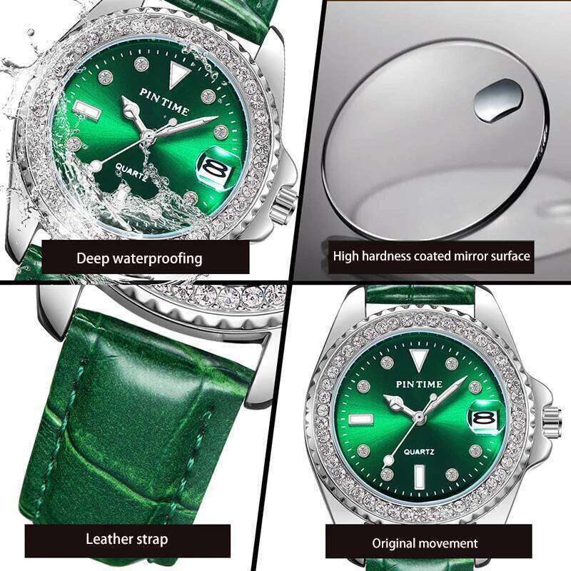 PINTIME Emerald Color Luxury Watch for Woman Waterproof Quartz Ladies Watches High Quality Wristwatch Elegant Female Clock