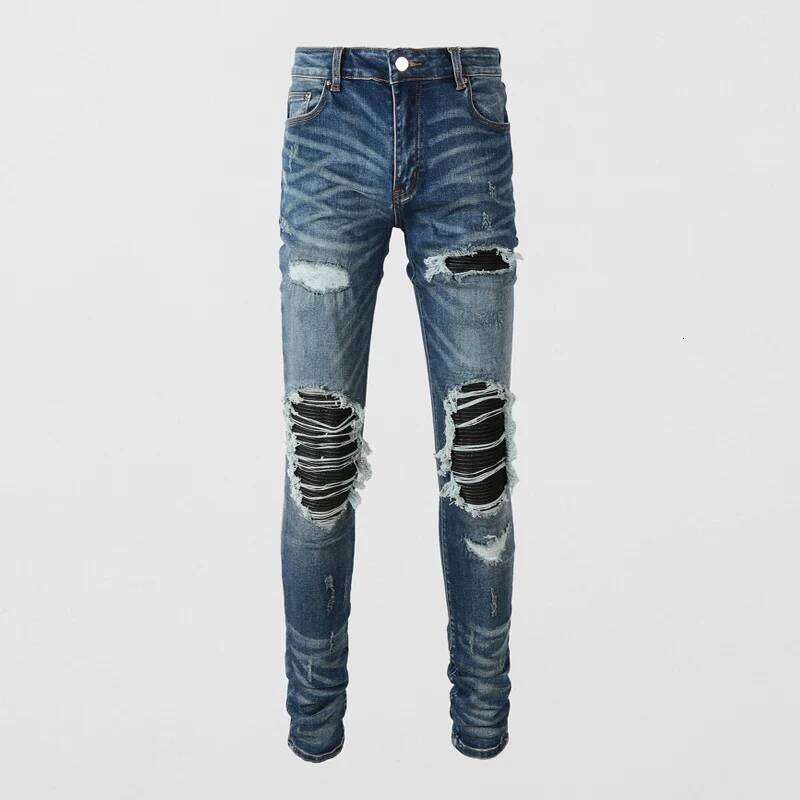 High Street Fashion New Men's Jeans with Wrinkles, Scratches, Nostalgic Elasticity, Slim Fit, Painted, Washed Blue Jeans, Hip Ho Z260225
