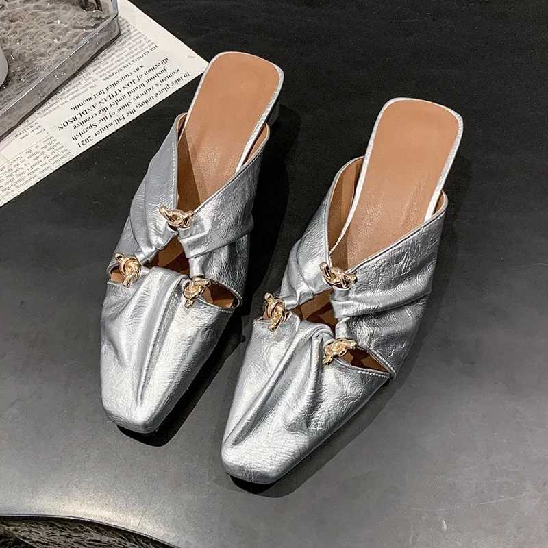 Women Metal Fringe Flock Shoes Front Closed Toe Khaki Slide For Small And Wide Feet 35-42 Comfortable K260311