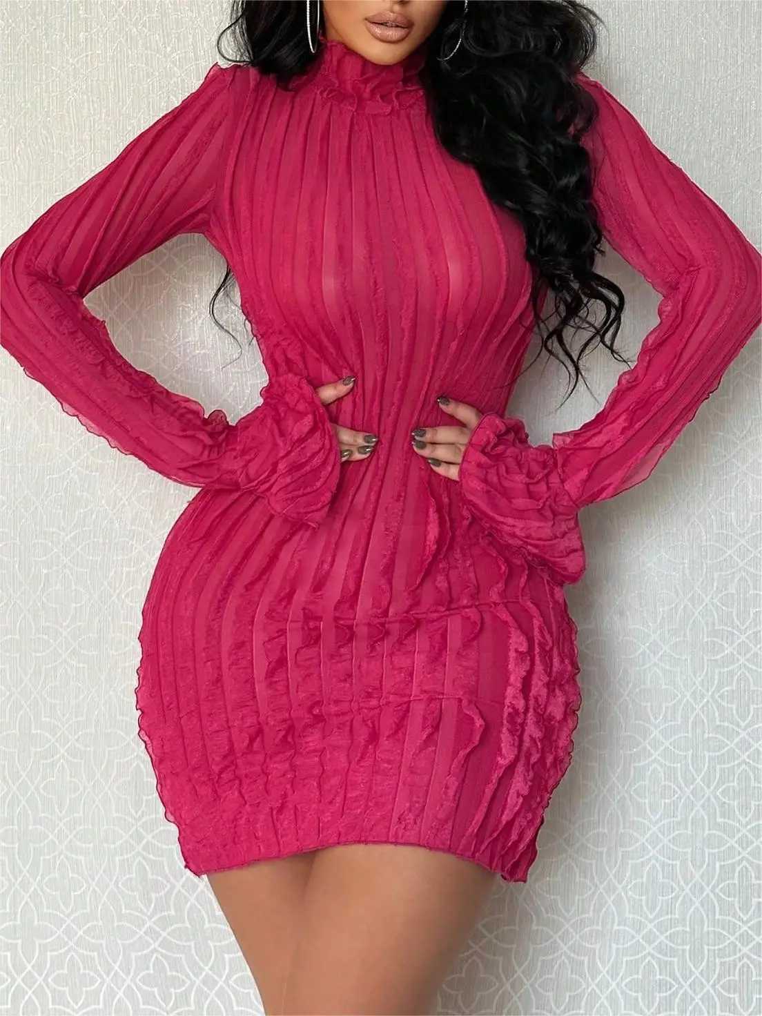 Spring/summer 2024 new style open slit bell-sleeve high collar pure color temperament elegant dress slim sexy hip skirt M260311