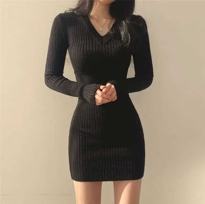 2025 Autumn WinterWomen Knit Slim Sexy Bodycon Dress V-Neck Long Sleeve Dress Solid Casual Midi Sweater Dress for Women M260311