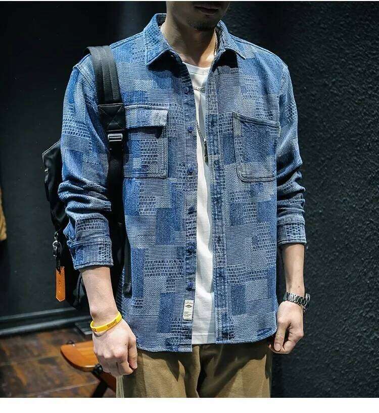 Retro Plaid Long Sleeved Denim For Fashion Loose Cargo Shirt Jacket Coat Y2k Streetwear Korean Trend Men Clothing 26H0311