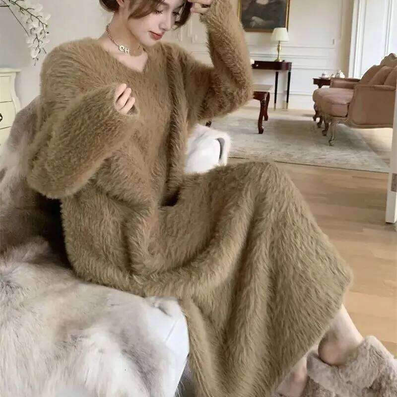 Winter Autumn Women Mink Cashmere Sweater Pullover Knit Angora Dress Long Fluffy Real Soft E1732 Z260311