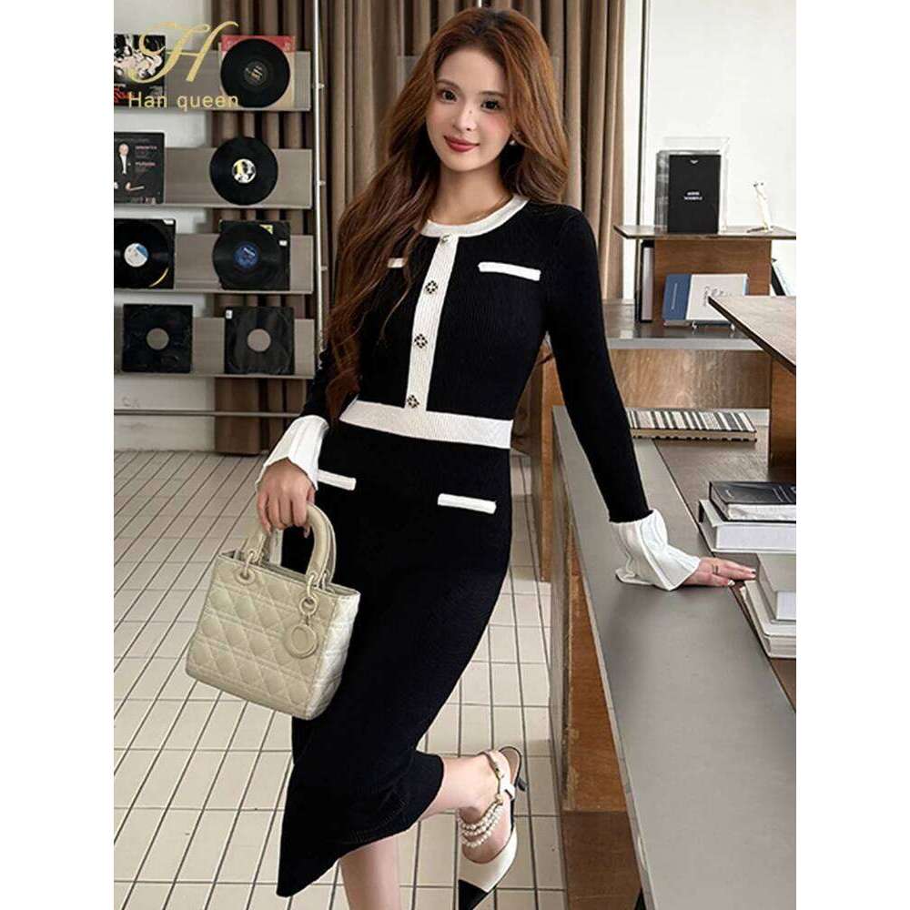 Women Winter Flared sleeves Elasticity Casual Party Pencil Dresses Single breasted Sweater Bodycon Knitted Dress Z260311