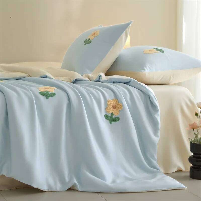 3pcs Blue Duvet Set 1*Duvet Cover + 2*Pillowcase, Without Core,Sun flowers embroidery Bedding Set, Soft Comfortable H260311
