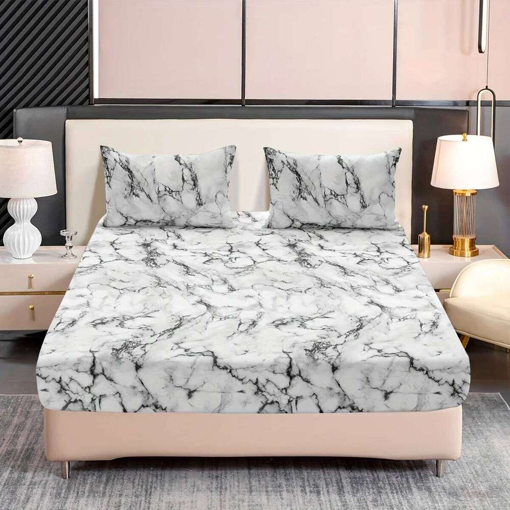 3-Piece Marble Print Fitted Sheet Set Ultra Soft, Breathable Microfiber Fabric, Hypoallergenic, Wrinkle-Resistant, Easy Care - H260311