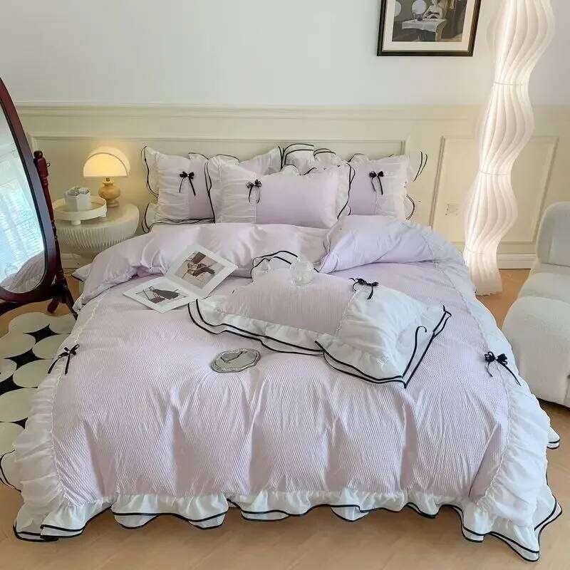 Korean Princess White Bedding For Women Double Ruffle Lace Duvet Cover Full Queen Solid Color Comfortable Falt Bed Sheet Set H260311
