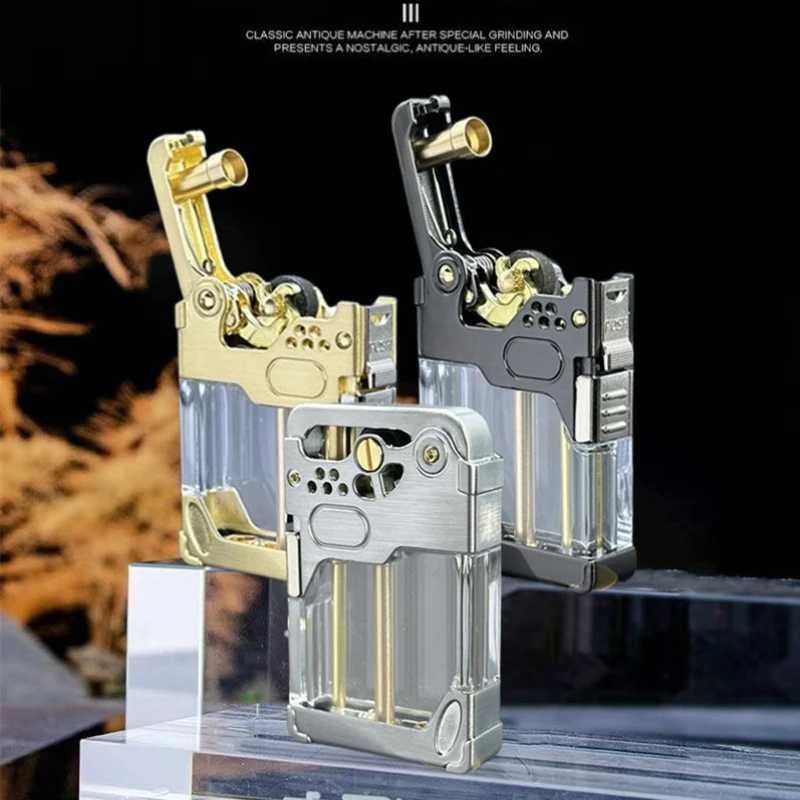 Armor Wind and Fire Wheel Transparent Oil Tank High end One click Launch Ignition Windproof Fuel Oil Lighter Safety Lock N260311