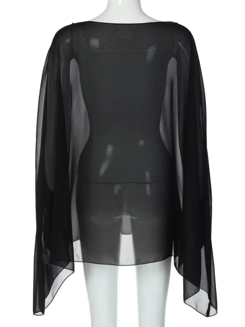 Woman Clothes See-through Chiffon Blouses Sexy Fashion Solid Cover-ups Ladies Elegant Night Club Tops White Black Streetwear 260310