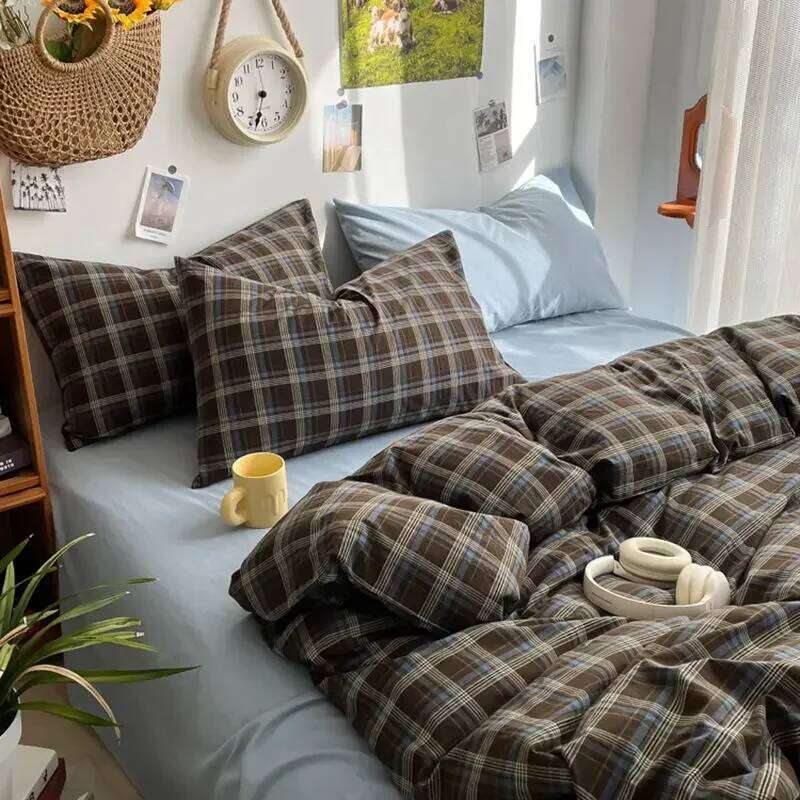 Bedding Ins Ambiance Blue Coffee Grid Mixed With Washed Cotton Minimalist Four Piece Set Fitted Sheets Duvet Cover H260311 - view 5