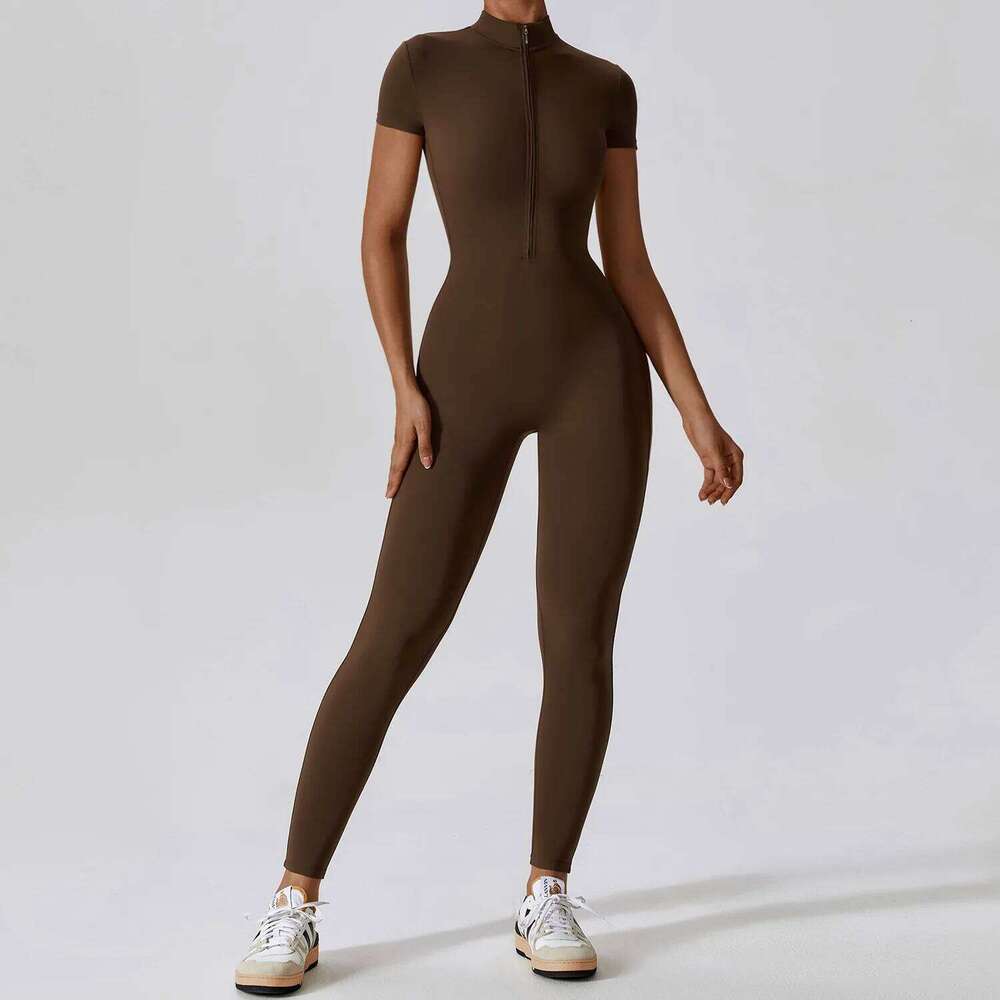 Yoga Set Women's Jumpsuits One-Piece Suit Zipper Short Sleeve Gym Push Up Workout Clothes Fitness Bodysuit Sportswear Tracksuit 26H0311