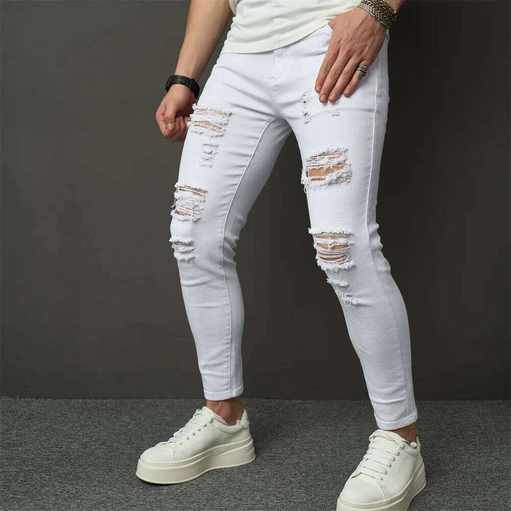 Streetwear Men Simple Style Stretch Skinny Jeans Pants Male Holes Solid Distressed Slim Pencil Denim Trousers Z260225