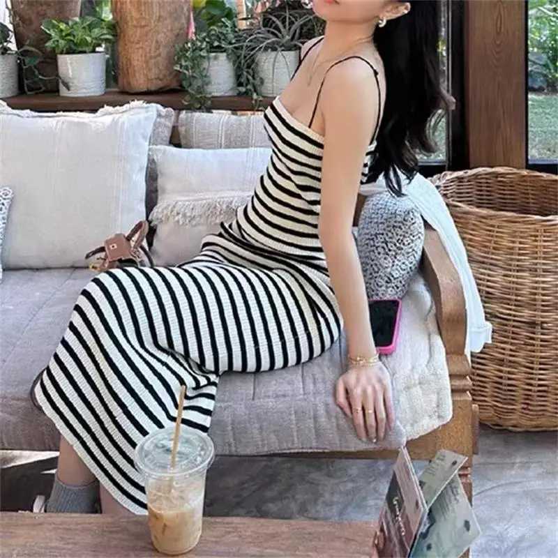 Striped Knitted Slim Dresses Womens Summer Skinny Sleeveless Bodycon Long Dress Casual Holiday Wrap Hip Sundress M260311