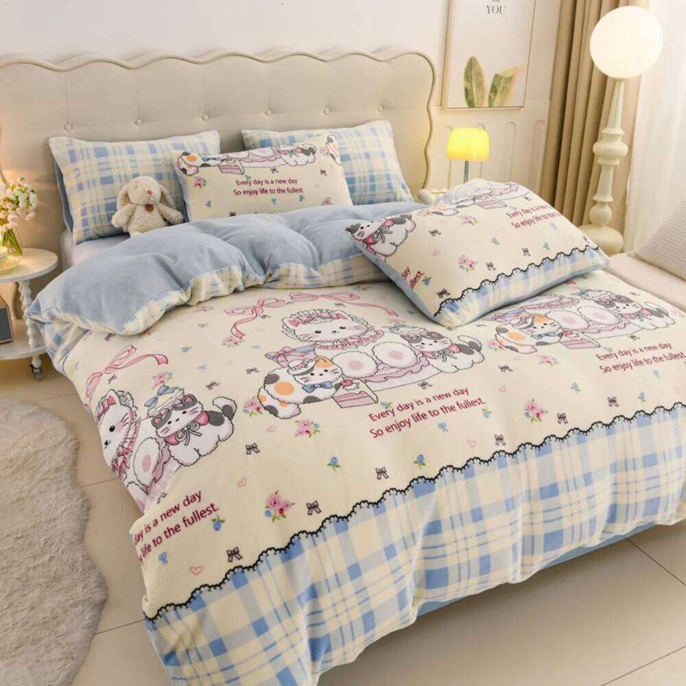 Cartoon Print Thickened Milk Velvet Four-Piece Winter Warm Soft Duvet Quilt Cover Bed Sheet Pillowcase Bedding Set H260311 - view 3