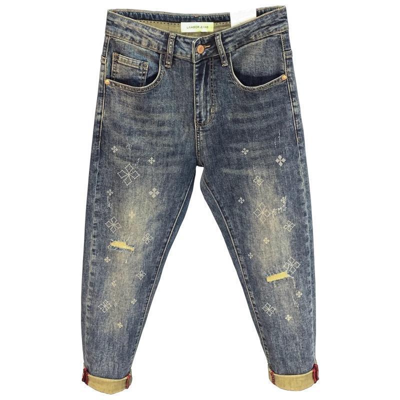 Luxury Brand Designer Clothes 2025 New Men's Jeans Spring Summer Slim Fit Skinny Pants High-End Stretch Blue Printed Ripped Cropped Pants