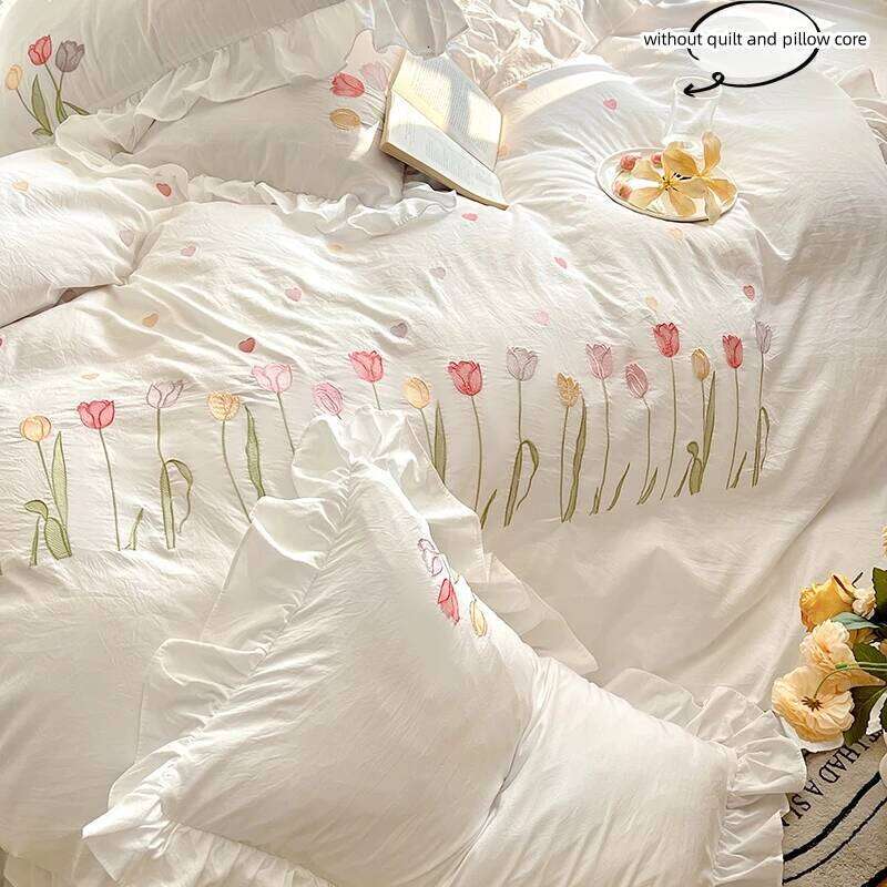 Size Comforter cover Set, 3 PCS tulip embroidery with ruffles Pattern, Soft All Season King Bedding Set H260311