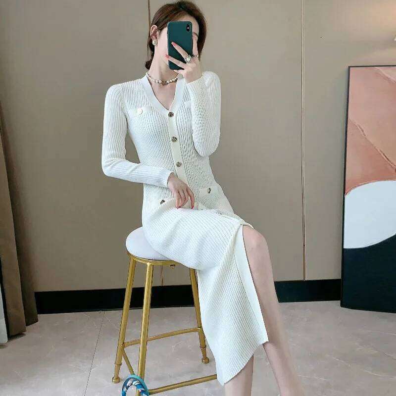 Autumn Winter Knitted Bodycon Midi Women Korean Slim V Neck Single Breasted Long Dress Woman Elegant Split Sweater Dresses Z260311