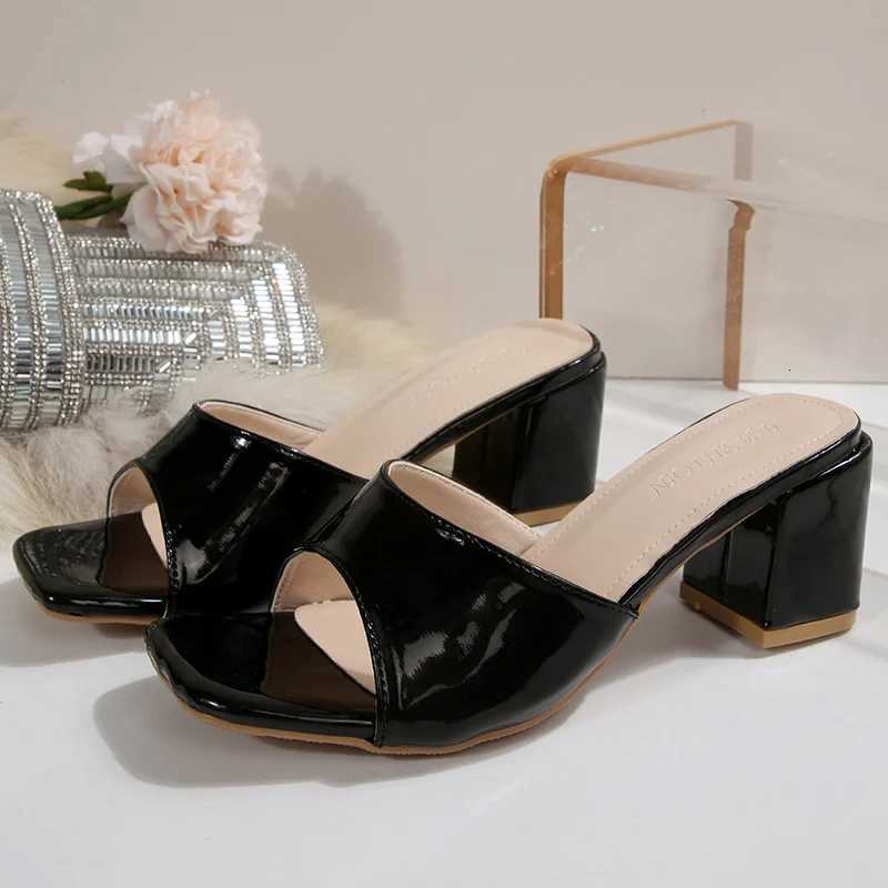 Patent Leather Black High Heels Sandals Women 2026 Summer Heeled Mule Slippers Woman Plus Size 43 Party Shoes K260311