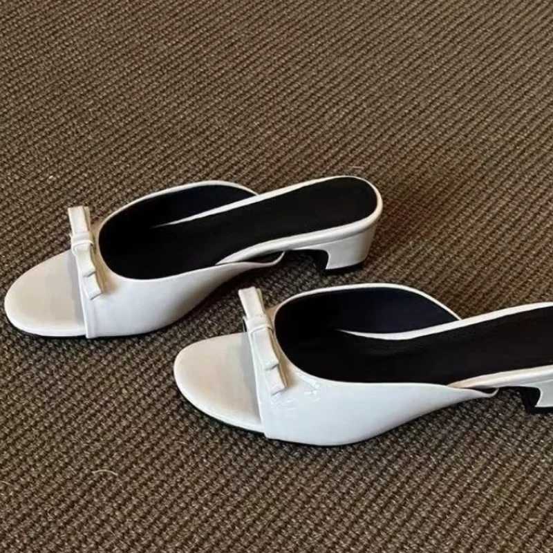 Womens Summer Patent Leather Butterfly-knot Slippers Street Style Square Toe Dress Shoes Outdoor Ladies Thick Heel Slides K260311