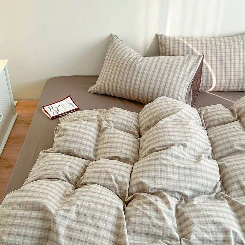 Ins Pink Plaid Bedding Set No Filler Twin Queen Size Comforter Cover Flat Sheet Pillowcase Girls Boys Solid Blanket Duvet H260311 - view 6
