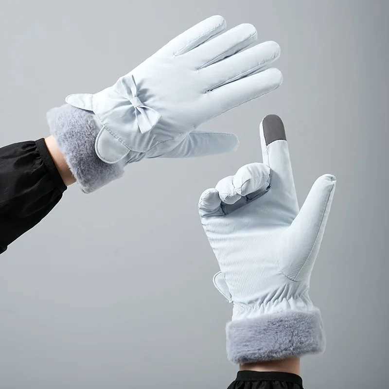 Winter Warm Gloves For Women Plus Velvet Thickened Waterproof Windproof Cute Bow Student Outdoor Cycling Touch Screen Ski Gloves M260311