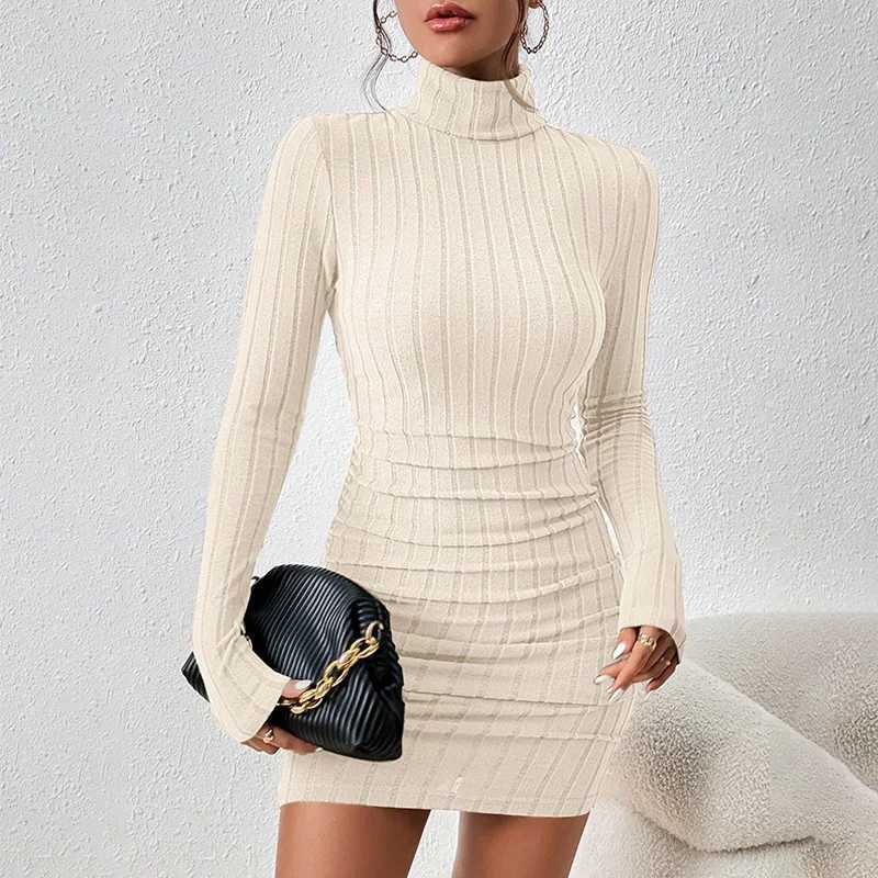 Autumn Women Mini Dresses For Solid Long Sleeves Turtleneck Sexy Bodycon Sheath Dress Club Elegant Party Dress Pullover Clothing M260311