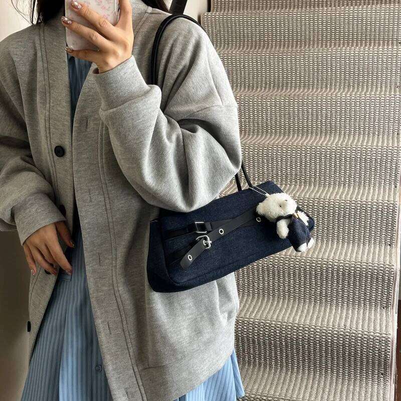 Fashion Belt Design Denim Shoulder Bags for Women Versatile Simple Ladies Phone Underarm Bag Outdoor Portable Female Handbags XJ260311